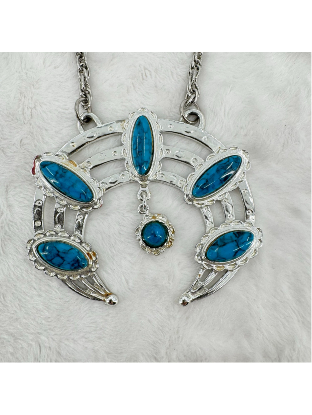 Vintage Silver Tone Turquoise Necklace Crescent Moon Dangle Charm Southwestern